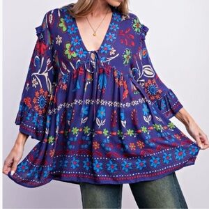 67 Floral Bohemian Blue Top